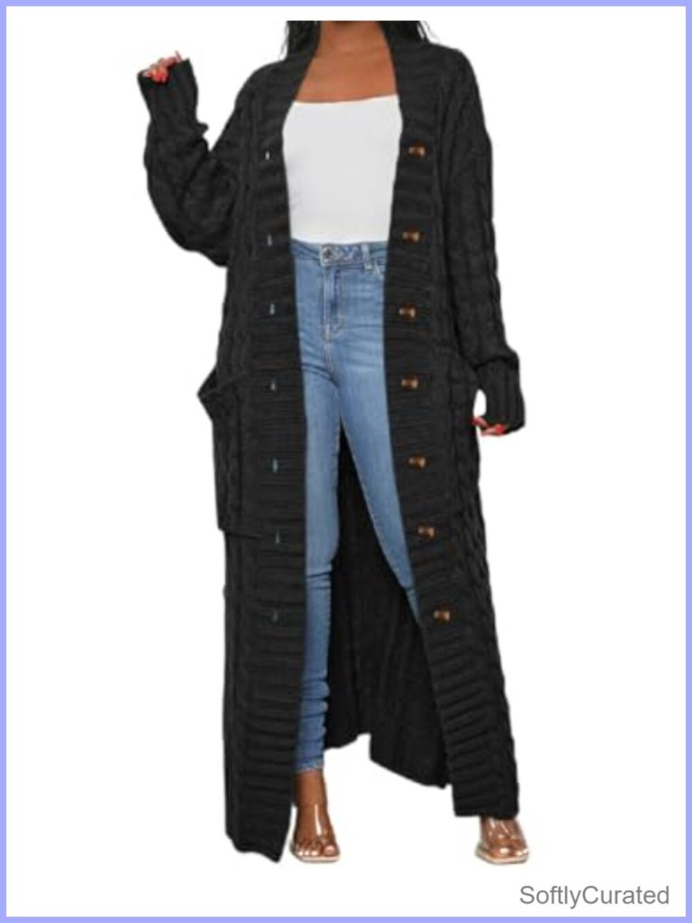 Cable Knit Chunky Maxi Cardigan with Button Open Front Floor Length